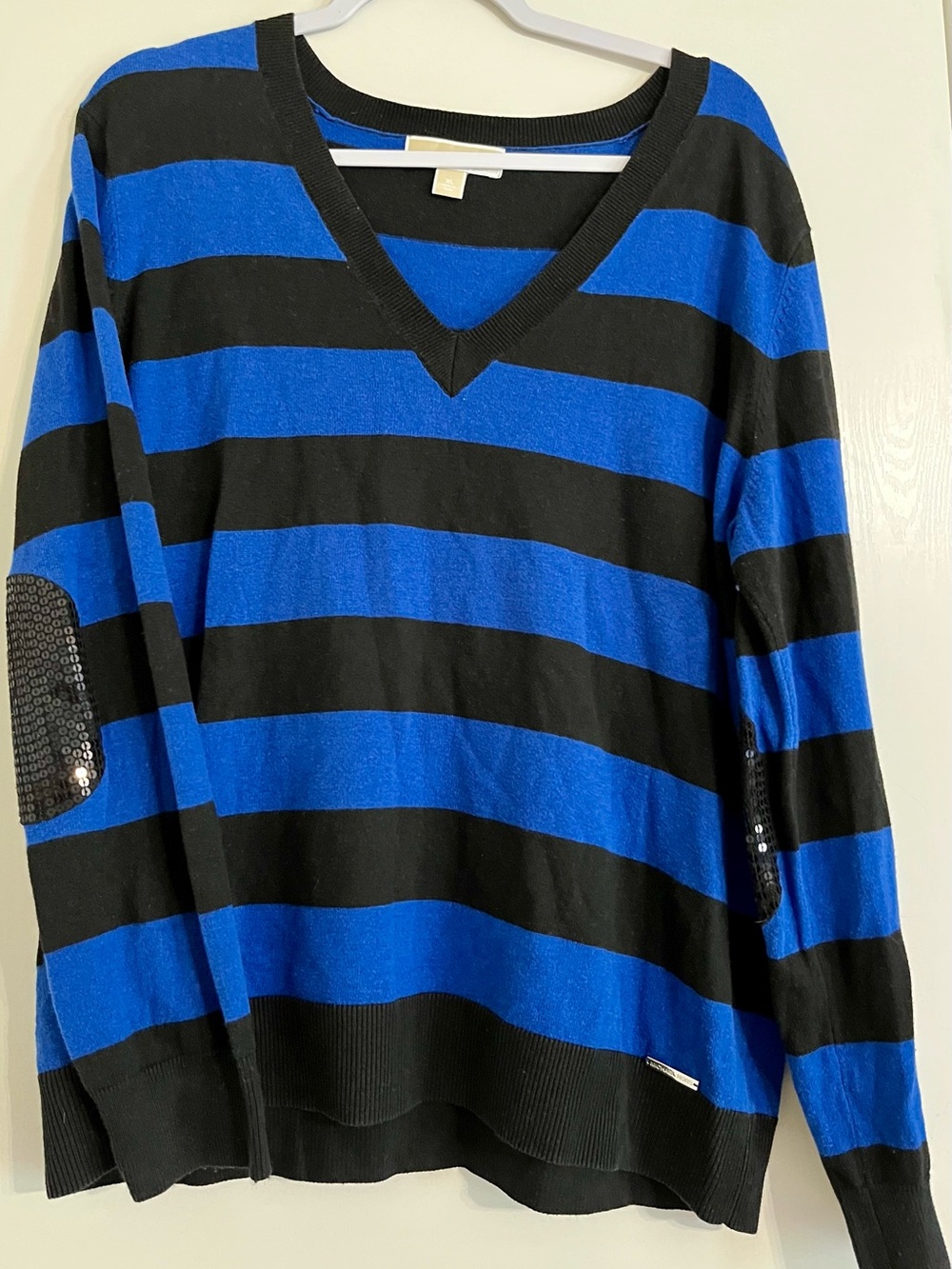MICHAEL Michael Kors Blue and Black Striped V-Neck Sweater